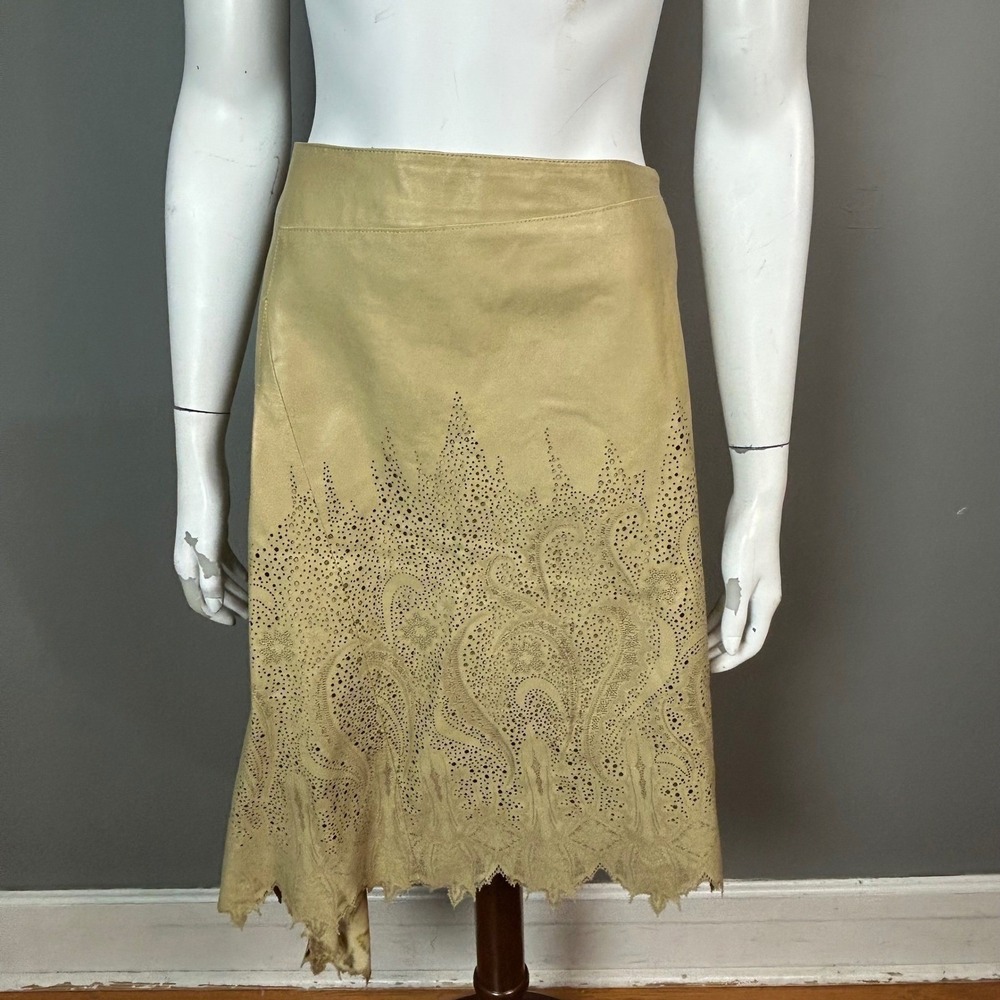 Roberto Cavalli Tan Leather Skirt Large Paisley Laser Cut Asymmetrical Runway